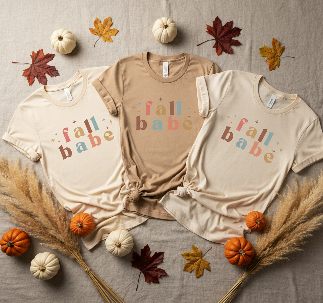 Fall Babe Design on Cream, Natural, and Ivory Shirts - Group Flat Lay Mockup