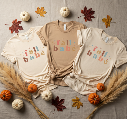 Fall Babe Design on Cream, Natural, and Ivory Shirts - Group Flat Lay Mockup