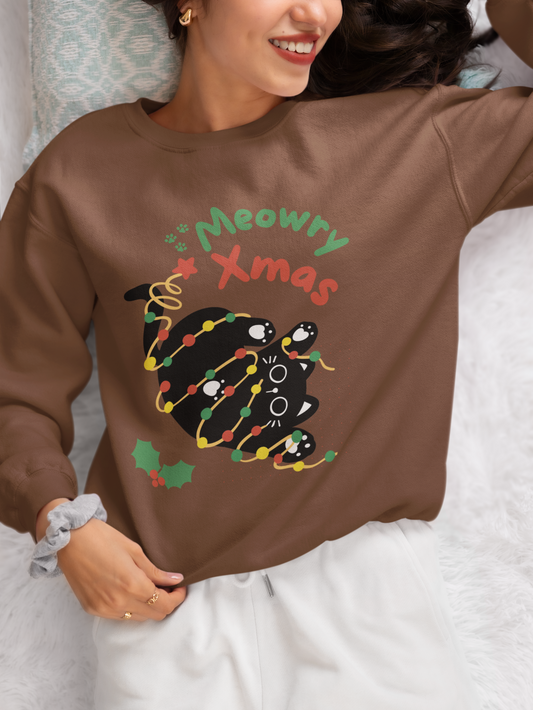 Meowy Xmas Cat Christmas Sweatshirt - Funny Cat Lover Holiday Sweater