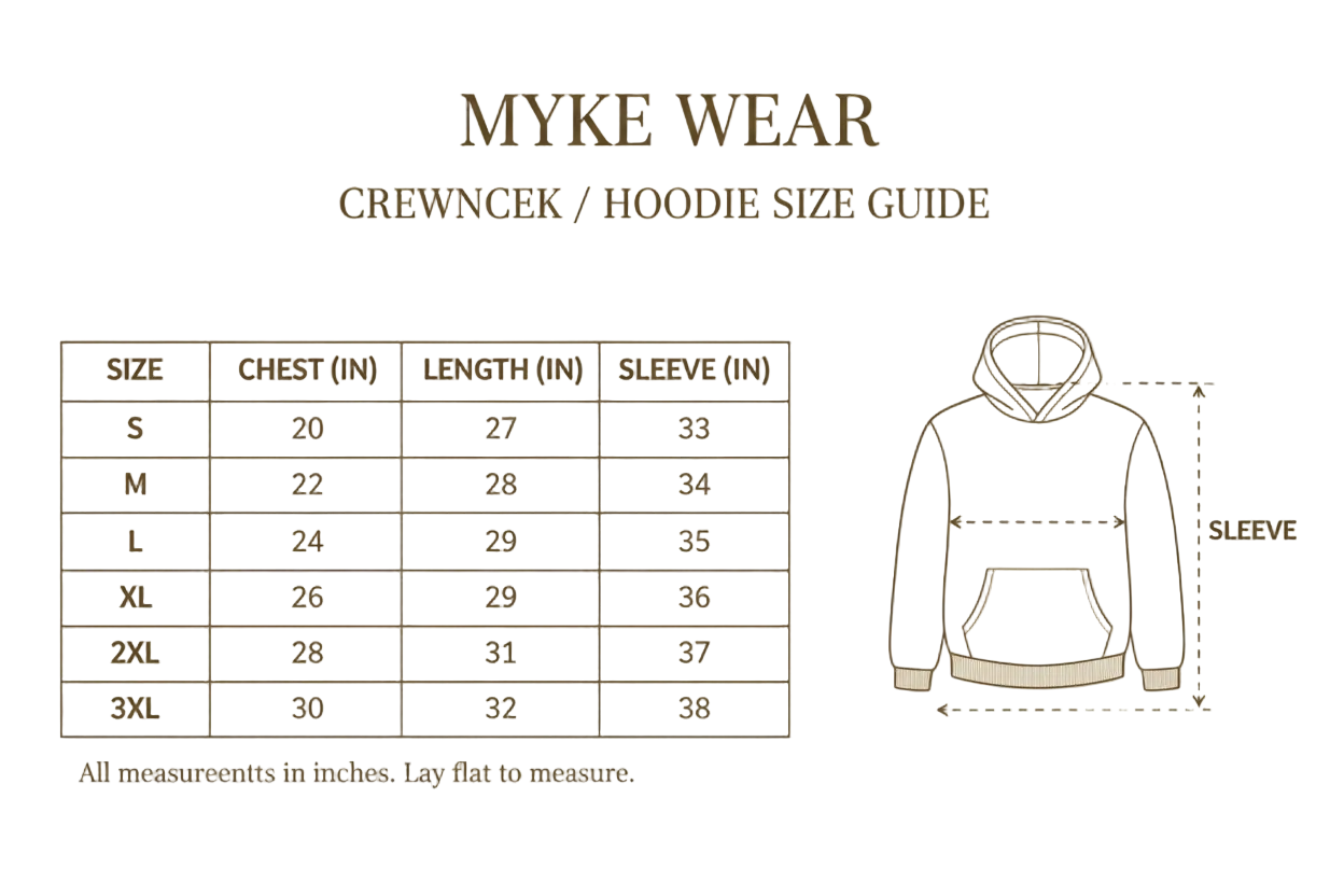 MYKE WEAR Size Chart with 2XL